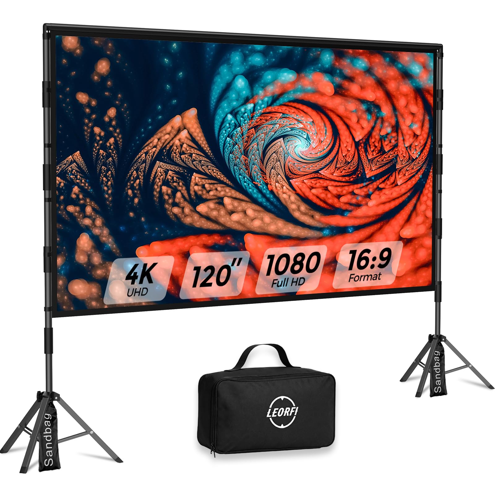 Beamer Leinwand mit Stativ 120 Zoll Outdoor – LEORFI Tragbare Projektorleinwand mit Tragetasche, Leichte Projektionsleinwand Indoor Front/Rück - Kinoleinwand 16:9 4K HD mit Katzentasche für Hinterhof