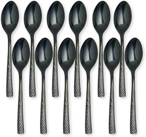 Steelite Varick Malcolm - Cucharas ovaladas de postre para sopa, textura martillada negra, mango moderno, utensilios de acero inoxidable 1810,