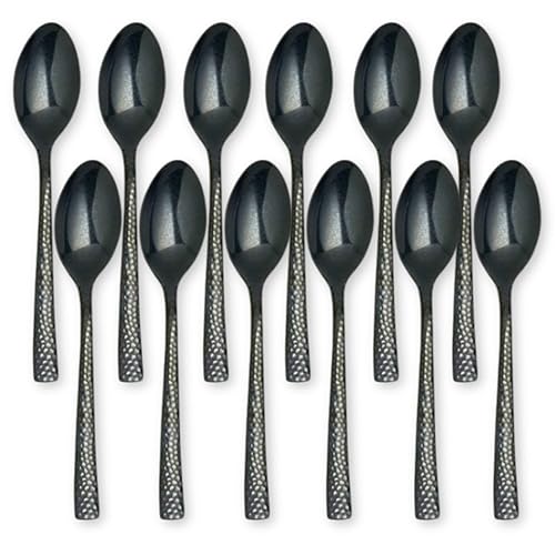 Steelite Varick Malcolm - Cucharas ovaladas de postre para sopa, textura martillada negra, mango moderno, utensilios de acero inoxidable 1810,