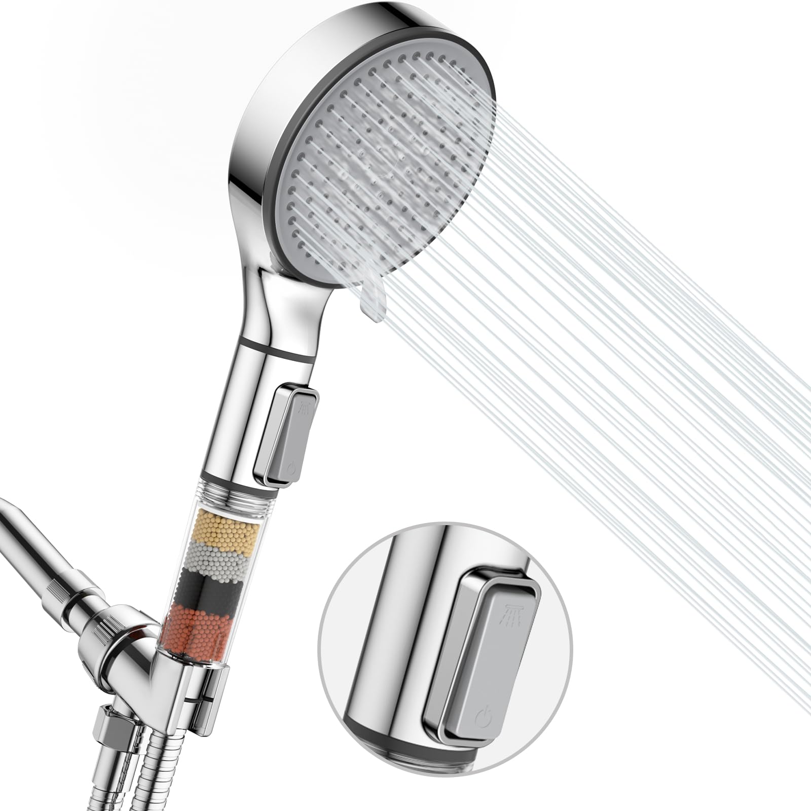 Filtered Shower Head with Handheld, HURRAN 5-Spray Mode High Pressure Shower Heads with Filter Replacement Beads, Detachable Handheld Showerhead with ON/OFF Switch and Adjustable Shower Holder, Chrome