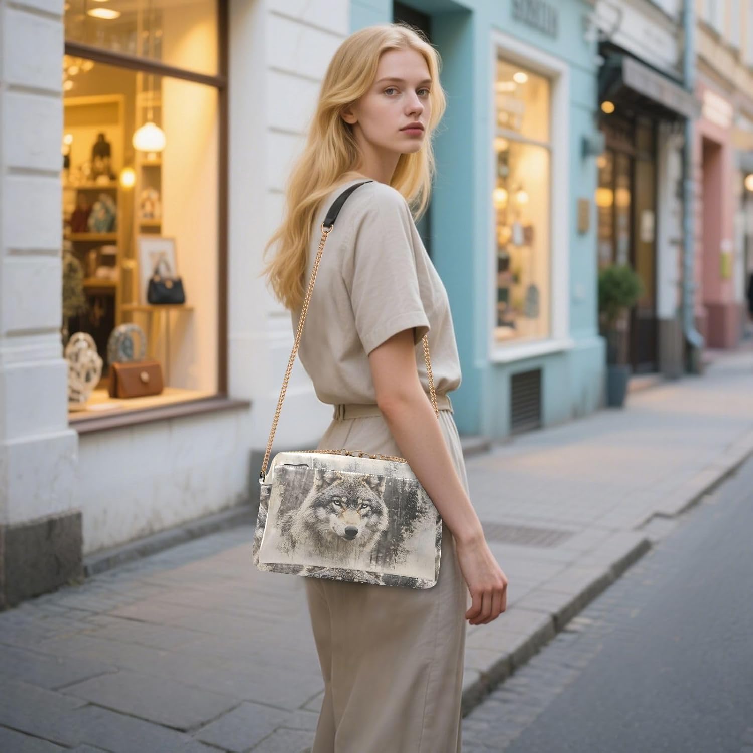 Women Crossbody Bag Shoulder Handbag Cellphone Purse Vintage Wolf Print, PU Leather Metal Chain Strap Water Resistant Zipper Closure
