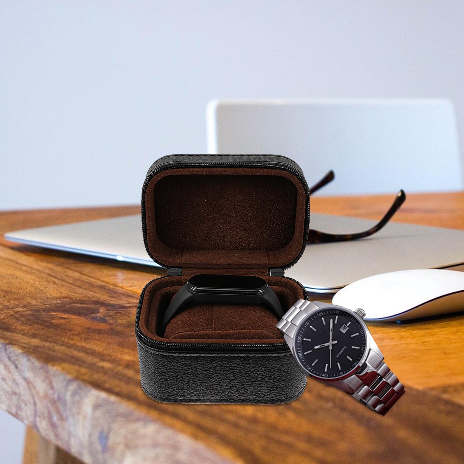 Tofficu Kleiner Uhrenbox aus Leder mit Reißverschluss, Tragbar