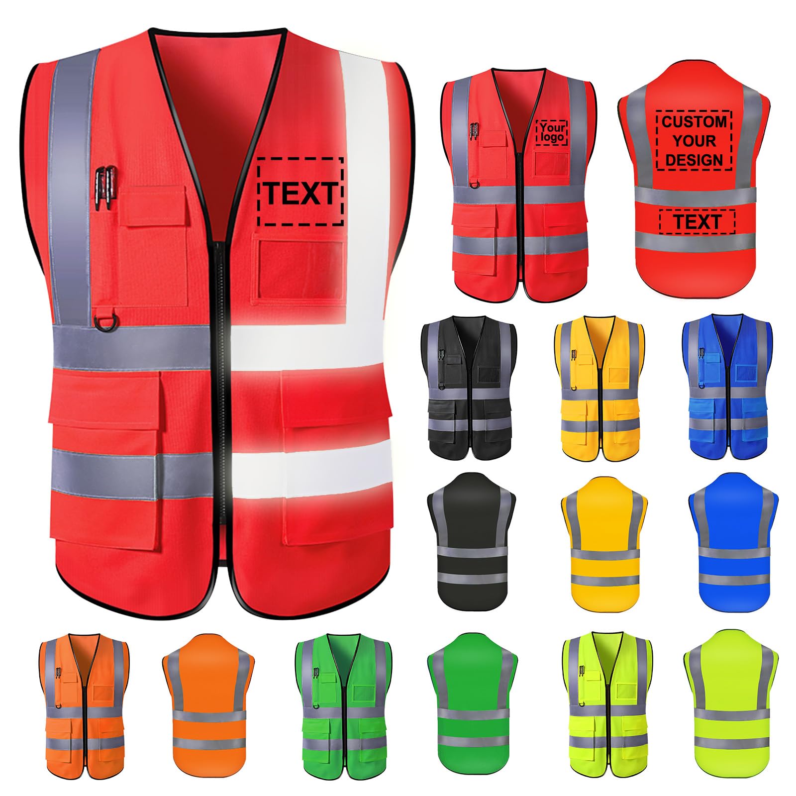 Custom Safety Vest for Men with Logo High Visibility Security Workwear 5 Pockets Zipper Vests with Reflective Strip (Red, XL)
