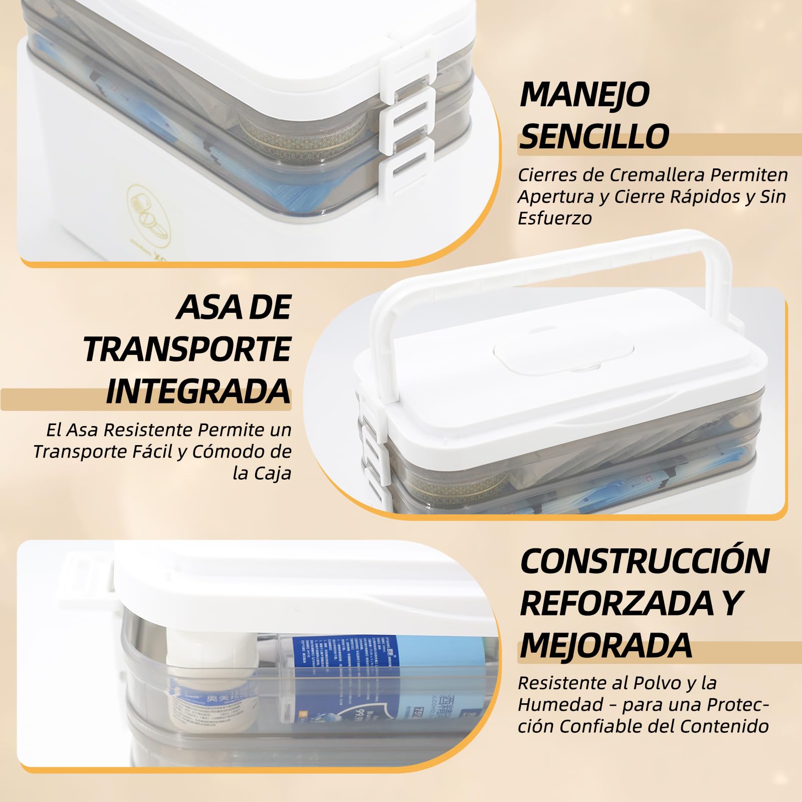 Caja de almacenamiento para medicamentos 3 pisos, gran botiquín doméstico con asa de transporte, organizador de pastillas plegable para hogar, viajes y oficina, 30x16x24cm, Blanco