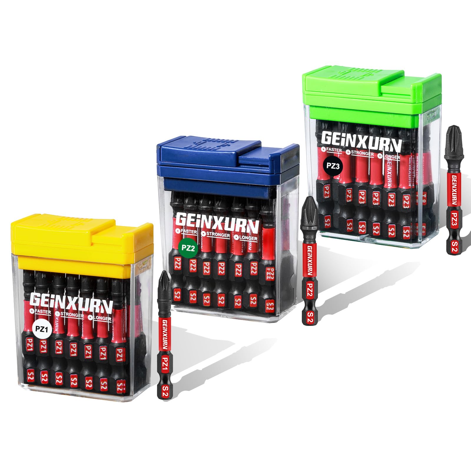 Geinxurn Impact Pozidriv Screwdriver Bits Set, 45Pcs 50 mm Magnetic (PZ1/PZ2/PZ3) S2 Steel 1/4” Hex Shank Multi Drill Driver Bits with Storage Colorful Box