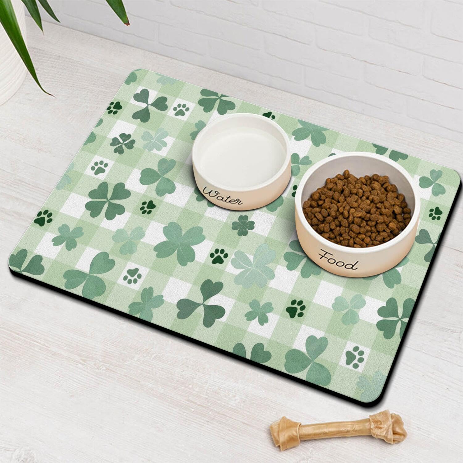 St Patricks Day Dog Food & Water Mat, Green Shamrocks Paw Prints Clover Lucky Pet Feeding Mat for Floor Non-Slip Waterproof, Super Absorbent Cat Bowl Mat, Easy to Clean Pet Placemat,16" × 24"