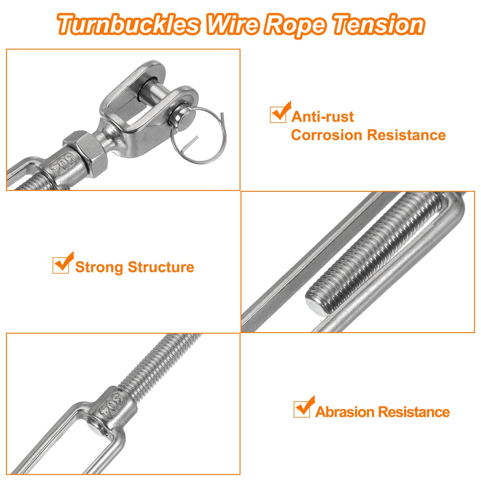 sourcing map 2 tensores M16 (5/8 pulgadas) de mandíbula y mandíbula tensores de cuerda de alambre, tensor de cable ajustable de acero inoxidable 304 para vela de sombra, tendedero, límite de carga de
