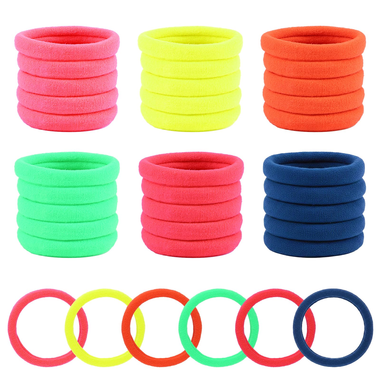 30 Stück Haargummis Mädchen Bunte, Haargummis Damen, Bunt Elastisch Zopfgummis Mädchen, Nylon Weiche Haargummi für Girls Frauen Dickes Lockiges Glattes Haar (F-Neonfarben)