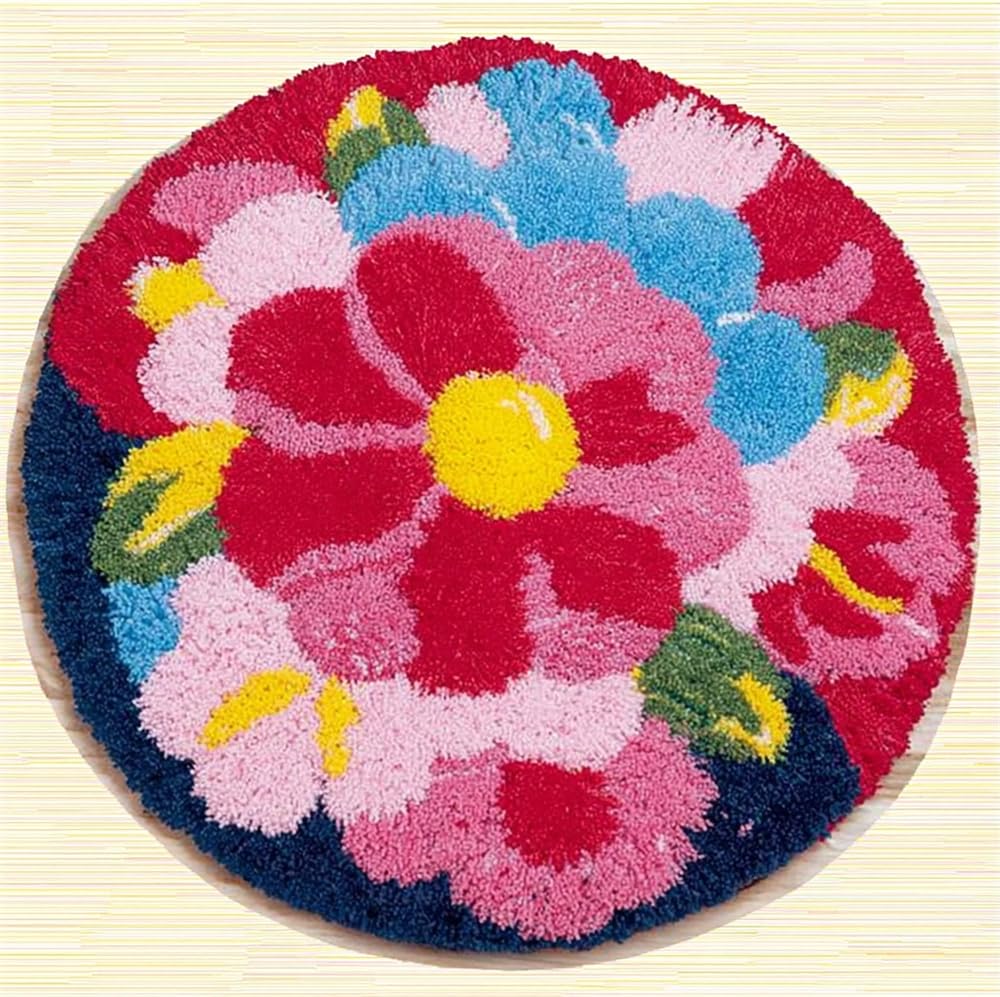 kitphoenix DIY Latch Hook Rug Kit with Printed Canvas Flower Blossom 20X20Inch (50X50Cm) Floor Mat Crochet Yarn Embroidery Hook and Latch Carpet Tapestry for Home Decoration - Adults
