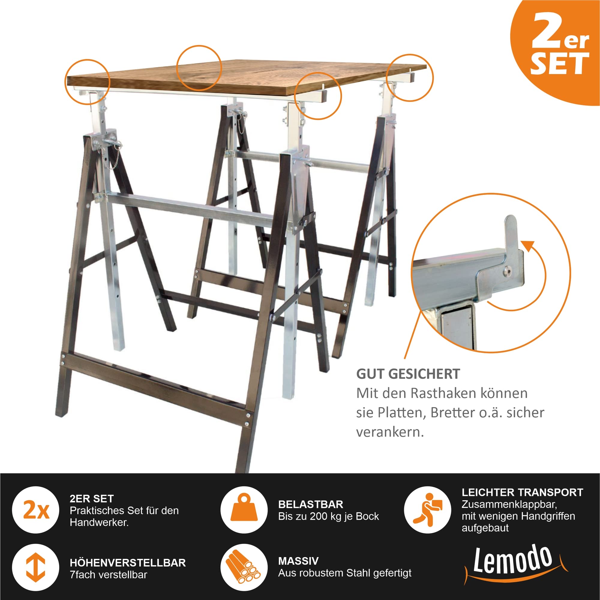 LEMODO Arbeitsbock 2er Set – höhenverstellbarer Klappbock aus Stahl, 7-fach verstellbar von ca. 80–130 cm, Unterstellbock mit 200 kg Tragkraft pro Bock für Werkstatt, Baustelle & Renovierung