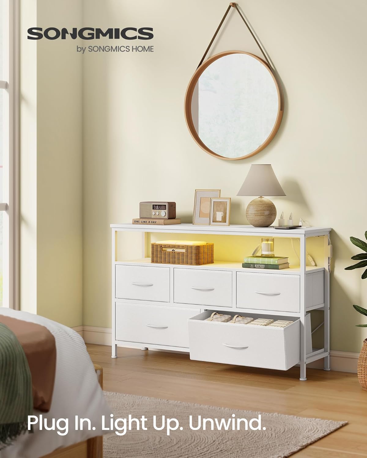 SONGMICS BELLAH Collection - Dresser for Bedroom with App-Controlled LED Lights and Charging Station, Chest of Drawers, TV Stand, 5 Drawers, Shelf, Modern, Cloud White ULGS723WH05S