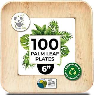 Palm Leaf Plate Bamboo Paper Disposable 6 Inch 100 Bulk Appetizer and Dessert Square Party Pack Eco Biodegradable Compostable Wooden Plates Better Than Plastic Plates By KoalaLove