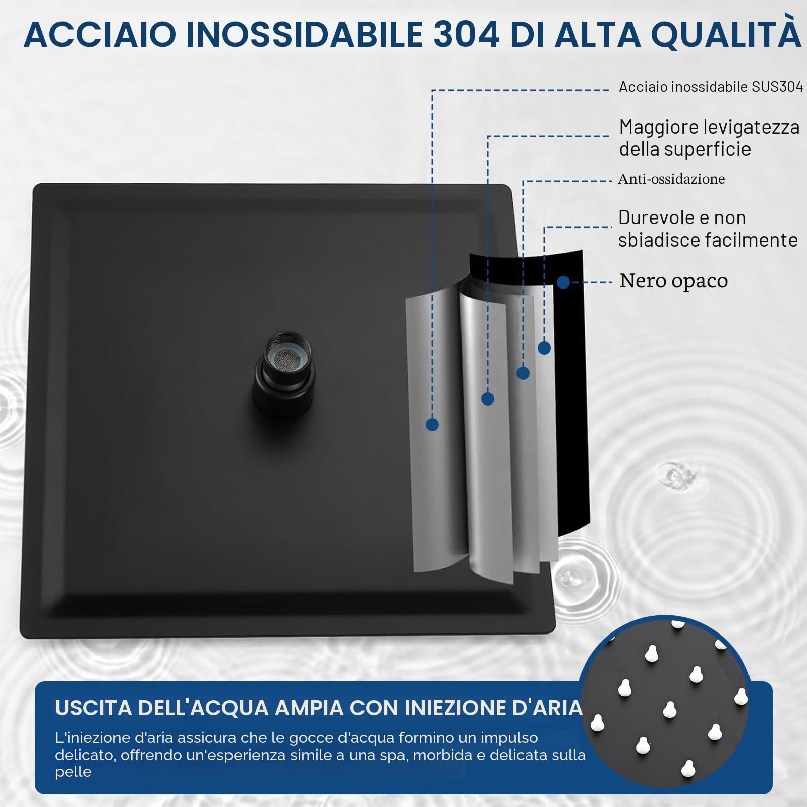Soffione doccia a pioggia 12 pollici quadrato acciaio inox 304 30x30 cm finitura cromata spazzolata