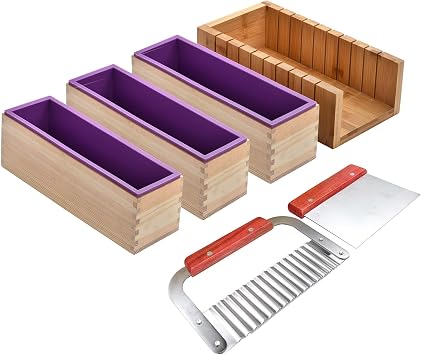 Soap Molds with Bamboo Cutting Box and 3 PCS Silicone and Wood Molds Box | Loaf Bar Molds Box, Stainless Steel Straight Cutter and Wavy Cutter, Soap Making Supplies DIY Kits for Adults