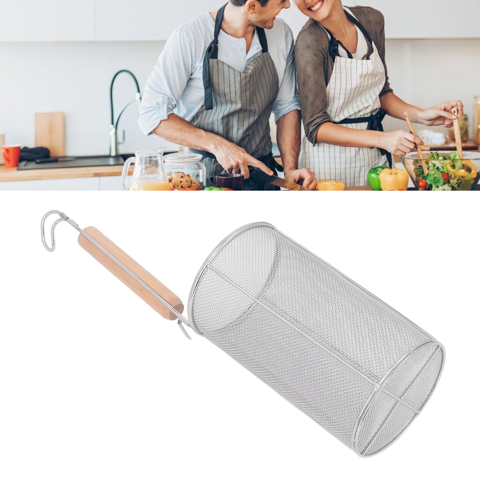 Cestello Per Colino Per Pasta, Colino Per Noodle a Maglia Fine con Manico in Legno in Acciaio Inossidabile Per Ramen da Cucina del Ristorante