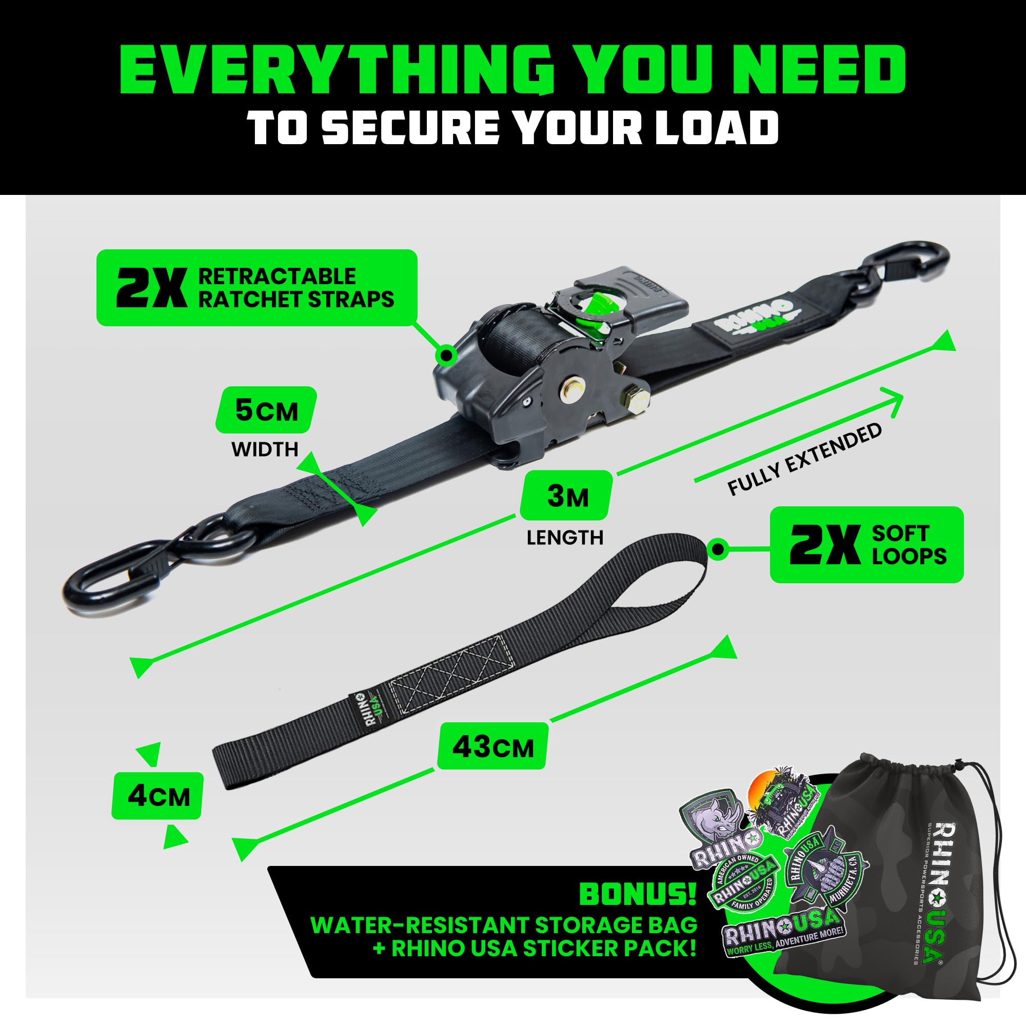 Rhino USA Retractable Ratchet Straps (2-Pack) - 5cm x 3m (1,360kg Break Strength) - Heavy Duty Auto Self-Retracting Tie Down Straps for Truck, Cargo Trailer, Motorcycle, Bike & More - Black