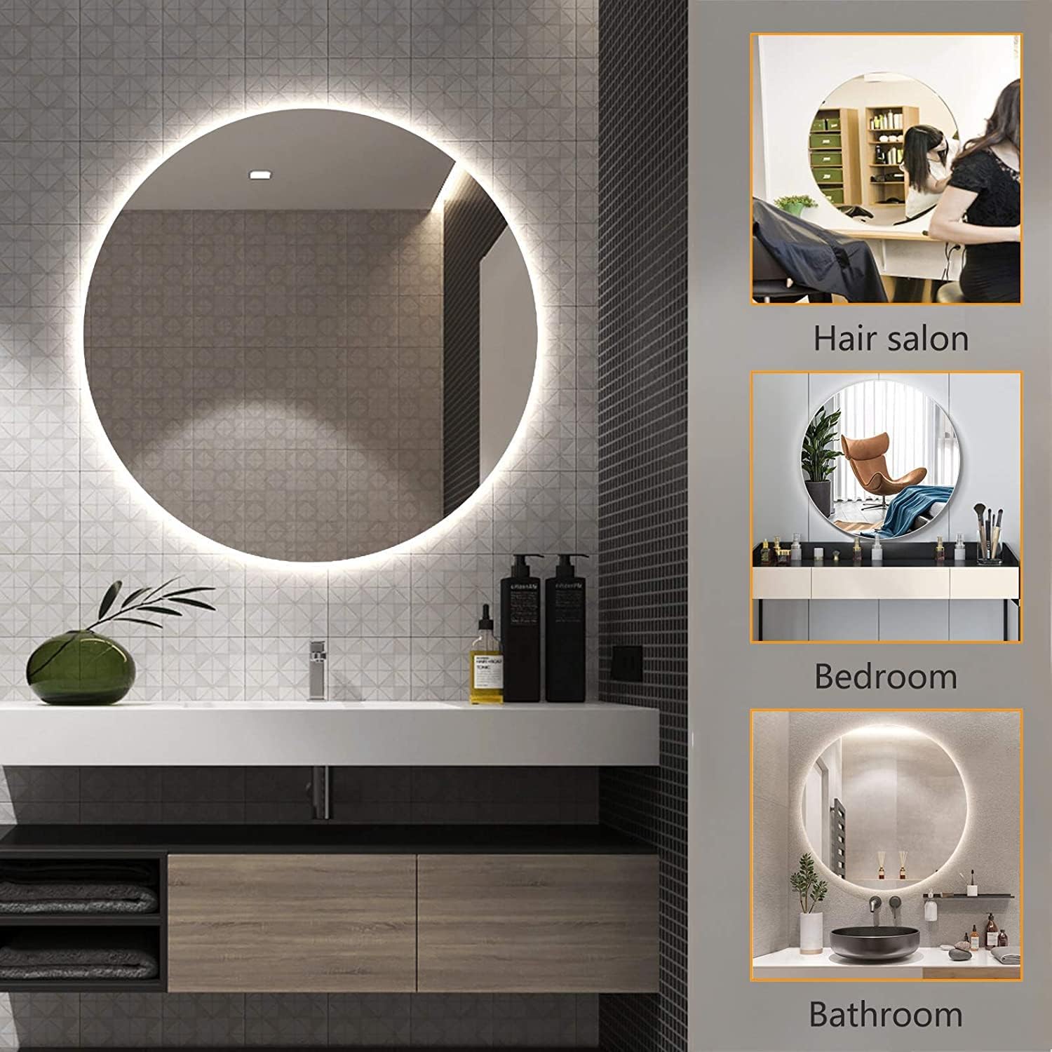 24 inch Acrylic LED Round Mirror Make up Mirror 3 Brightness Cosmetic Mirror Memory Function Anti-Fog