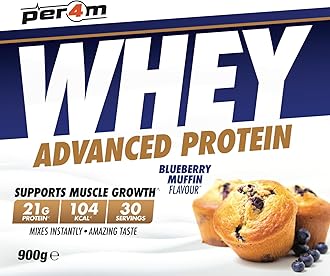 Per4m Whey Protein Powder | High Protein Shake for Muscle Growth & Recovery | Low Sugar Gym Supplement | Sports Nutrition Drink + Amino Acids (900g, Blueberry Muffin)