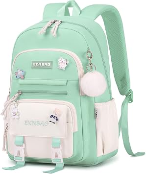Tanou School Backpacks for Girls, 20 Liters Kawaii Girls School Bag with Pendant, Lightweight Nylon Childrens Backpack for Primary Junior School, Green