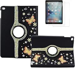 Bling Case Compatible with iPad Air 2/iPad 6th 9.7 Inch - Stylish - 3D Handmade Crystal Butterfly 360 Degree Rotating Stand Case with Smart Cover Auto Sleep/Wake Feature - Black