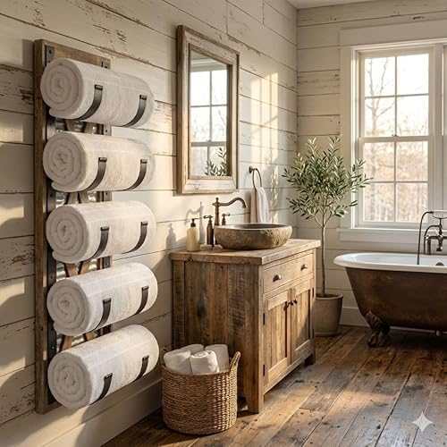 Vista 2 de Autumn Alley Farmhouse Towel Holder, Rustic Wine Rack, Rolled Towel Rack, and Wine Holder for Farmhouse Bathroom Accessories Décor, Western Decor