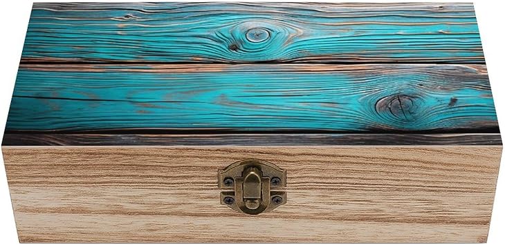 Turquoise Brown Wood Vintage Wooden Storage Box with Hinged Lid Rustic Natural Wood Keepsake Box for Jewelry, Trinkets, And Photos Decorative Small Chest Organizer 7.9" X 3.9" X 2.3"