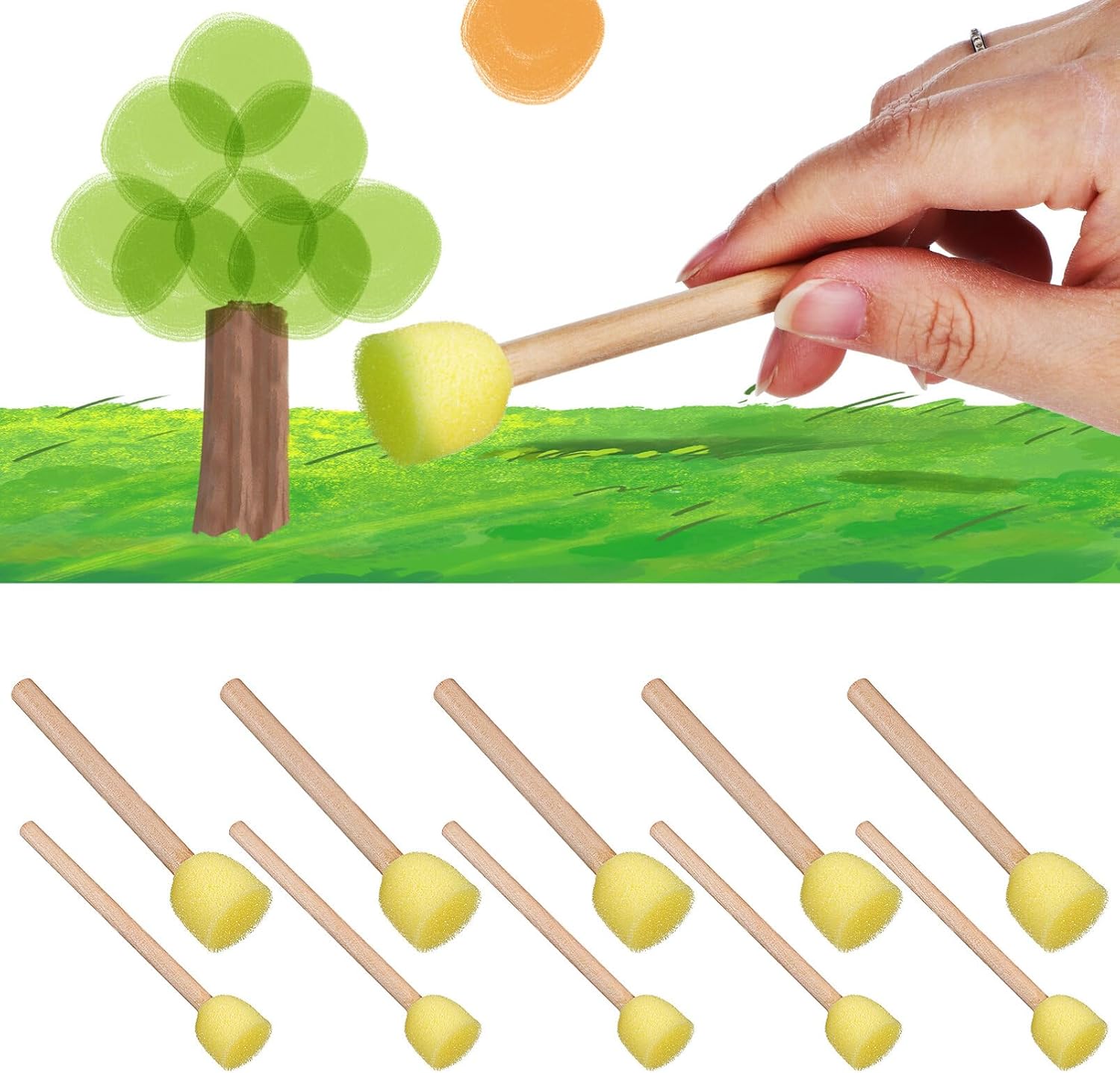 SEWACC 20Pcs Sponge Paint Brushes Set with Round and Flat Foam Sponges for Painting DIY Crafts Art Projects Safe and Reusable 3.38In Wood Handle