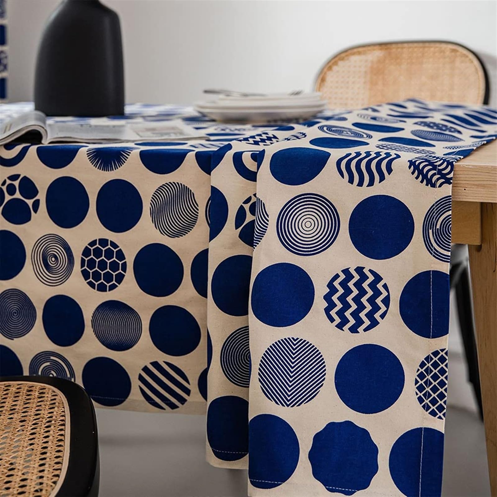 BAHREL Geometryczny obrus bawełniany len nadruk w niebieskie kropki retro minimalistyczny design obrus na stół do jadalni dekoracja kuchni (rozmiar: 140 * 140 cm)