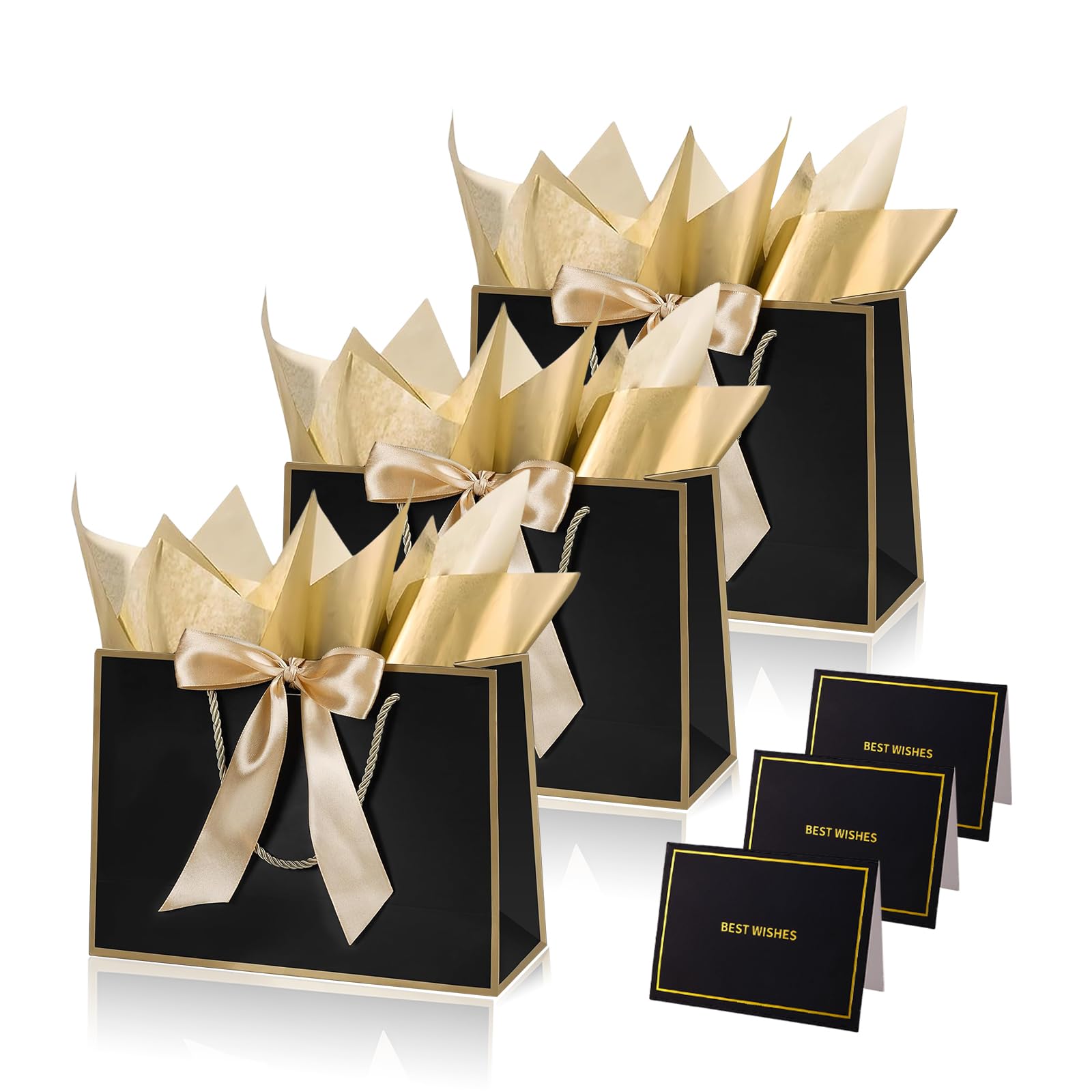 Black Gold Gift Bags for Presents,3P Medium Present Bags with 6 Metallic Gold Tissue/3 Card,Personalised Birthday Gift Paper Bag with Ribbon,28*20*10 Wrapping Bag for Christmas Wedding Gift Party Bag — image 1