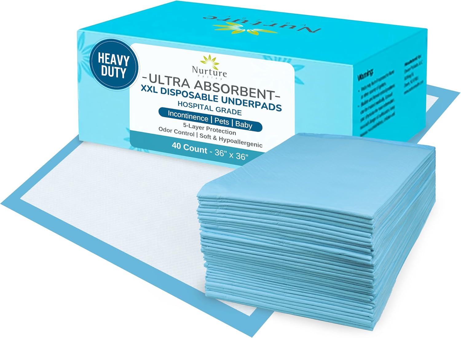 40 XL 36 x 36 Heavy Duty Ultra Absorbent Bed Pads w/ Adhesive by Nurture | Disposable Chux Liners, Underpads, Adult Incontinence Hospital Grade Chucks 40 count 36" x 36"