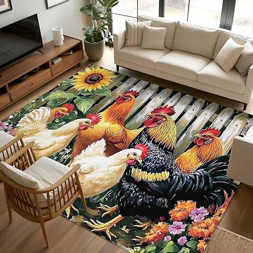 5x8 Area Rugs, Retro Rooster Non-Skid Rubber Backing Large Rectangle Rugs - Living Room Bedroom Home Office, Farmhouse Watercolor Animals Floral