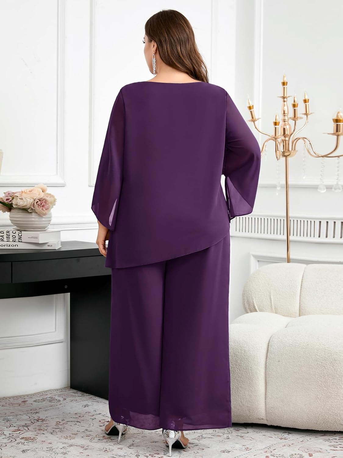 CYCLAMEN Plus Size Mother of Bride Pant Suits 2 Piece Chiffon Sets Asymmetric Wedding Guest Outfit - Image 4