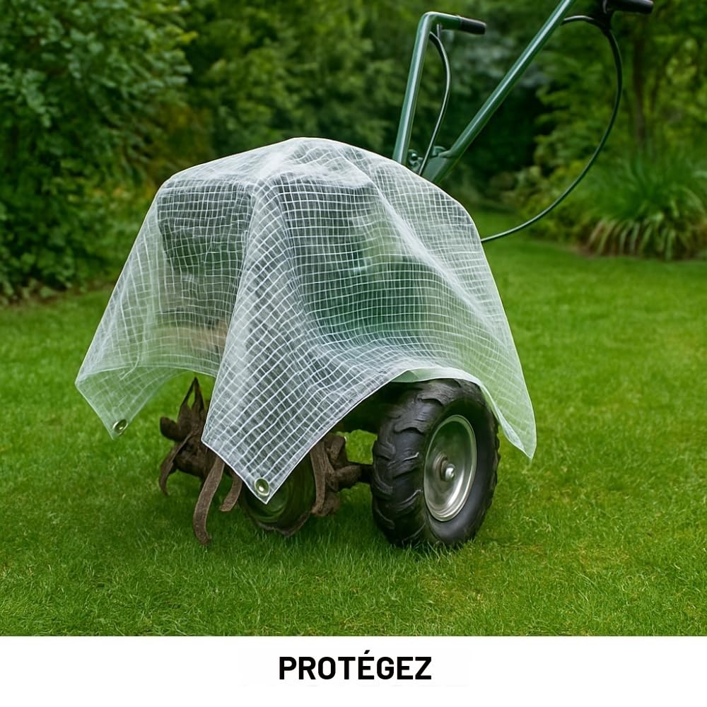 TERRE JARDIN Bâche de Protection, Extérieur Polyéthylène 160g/m² - Bâche Armée Imperméable, Ultra Résistante Découpable, Anti UV - Œillets Aluminium - Mobilier Serre Jardin - 4 x 6 - Transparent