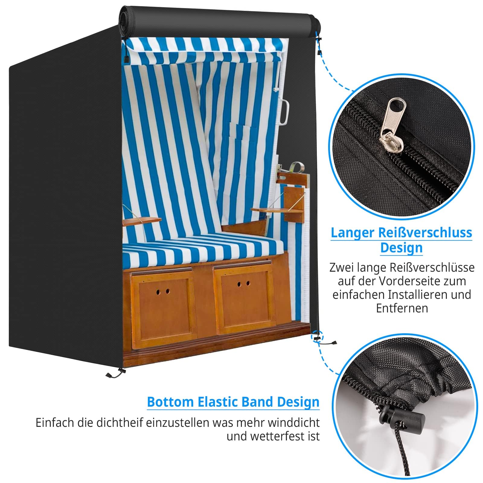 FINEW Funda protectora para silla de playa de tejido Oxford 600D, 135x105x175/140 cm, resistente al viento, cubierta para cesta de playa con cremallera, resistente al agua, color negro