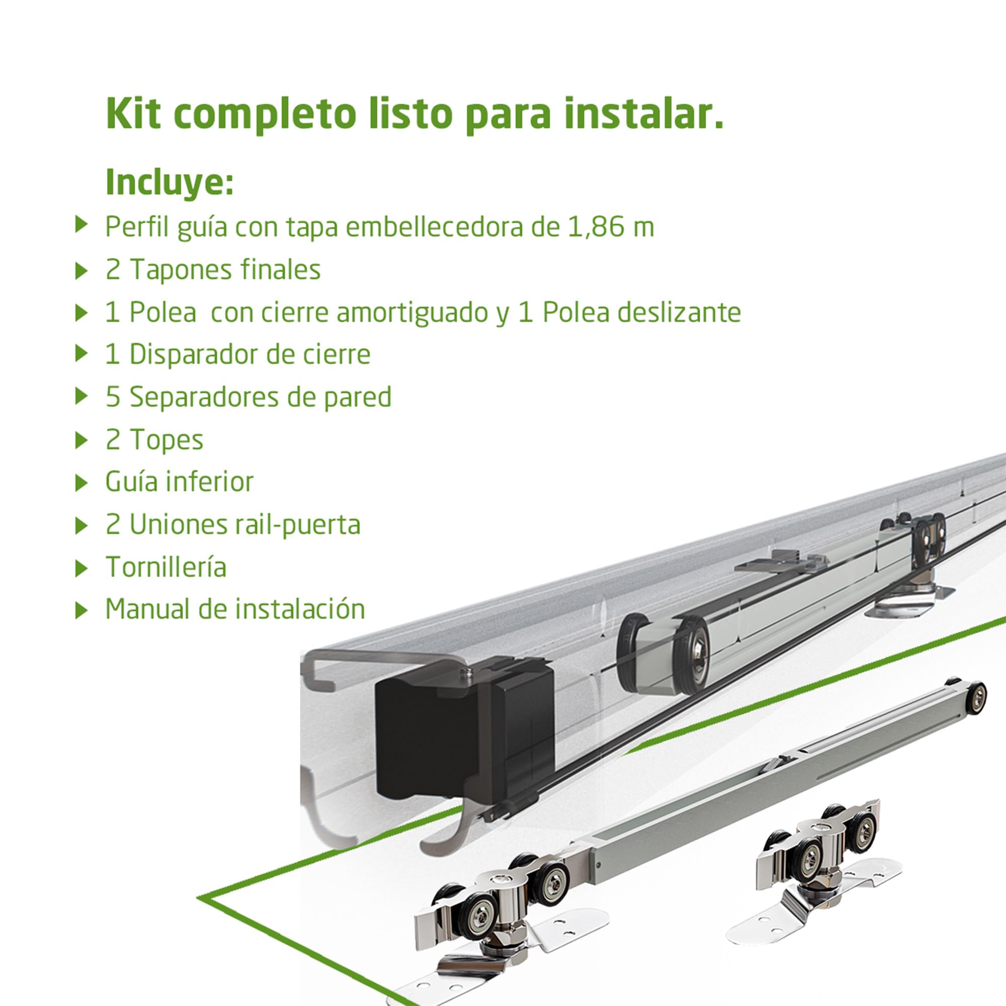 Amig - Kit puerta corredera madera - Guía 186 cm aluminio blanco con autocierre - Hasta 60 kg - Diseño elegante y duradero con cierre automático - Mod. SD005