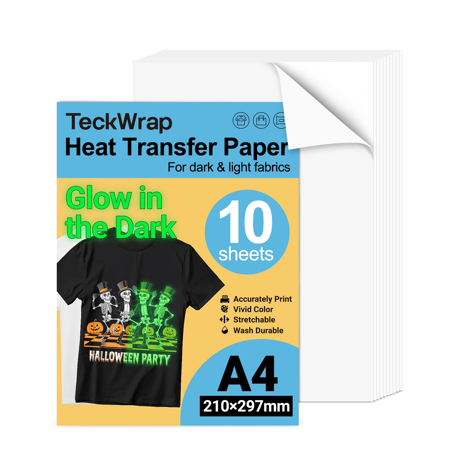 TECKWRAP Printable Heat Transfer Paper for T-Shirts 10 Sheets, 8.3" X 11.7" Printable Heat Transfer Vinyl for Inkjet Printer, Iron on Transfer Paper for Light and Dark Fabric (Glow in Dark)