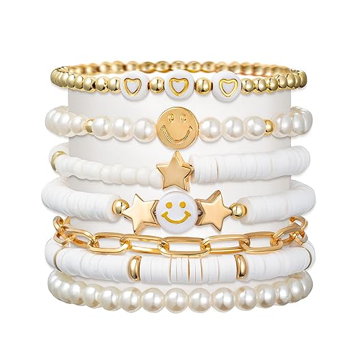 LieToi Preppy Heishi Bracelets Set Colorful White Gold Smile Heart Star Evil Eye Beaded Polymer Clay Pearl Stackable Charm Y2K Kidcore Summer Beach Bohemian Layering Bracelets Jewelry for Women Girls Teens