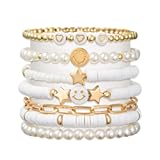 LieToi Preppy Heishi Bracelets Set Colorful White Gold Smile Heart Star Evil Eye Beaded Polymer Clay Pearl Stackable Charm Y2K Kidcore Summer Beach Bohemian Layering Bracelets Jewelry for Women Girls Teens