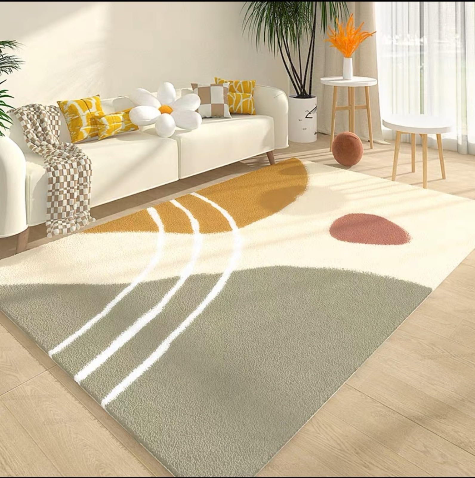Tapis Salon Vert Beige Jaune - Tapis Chambre Antidérapant Soft - Tapis de Sol Lavable (120x180cm)