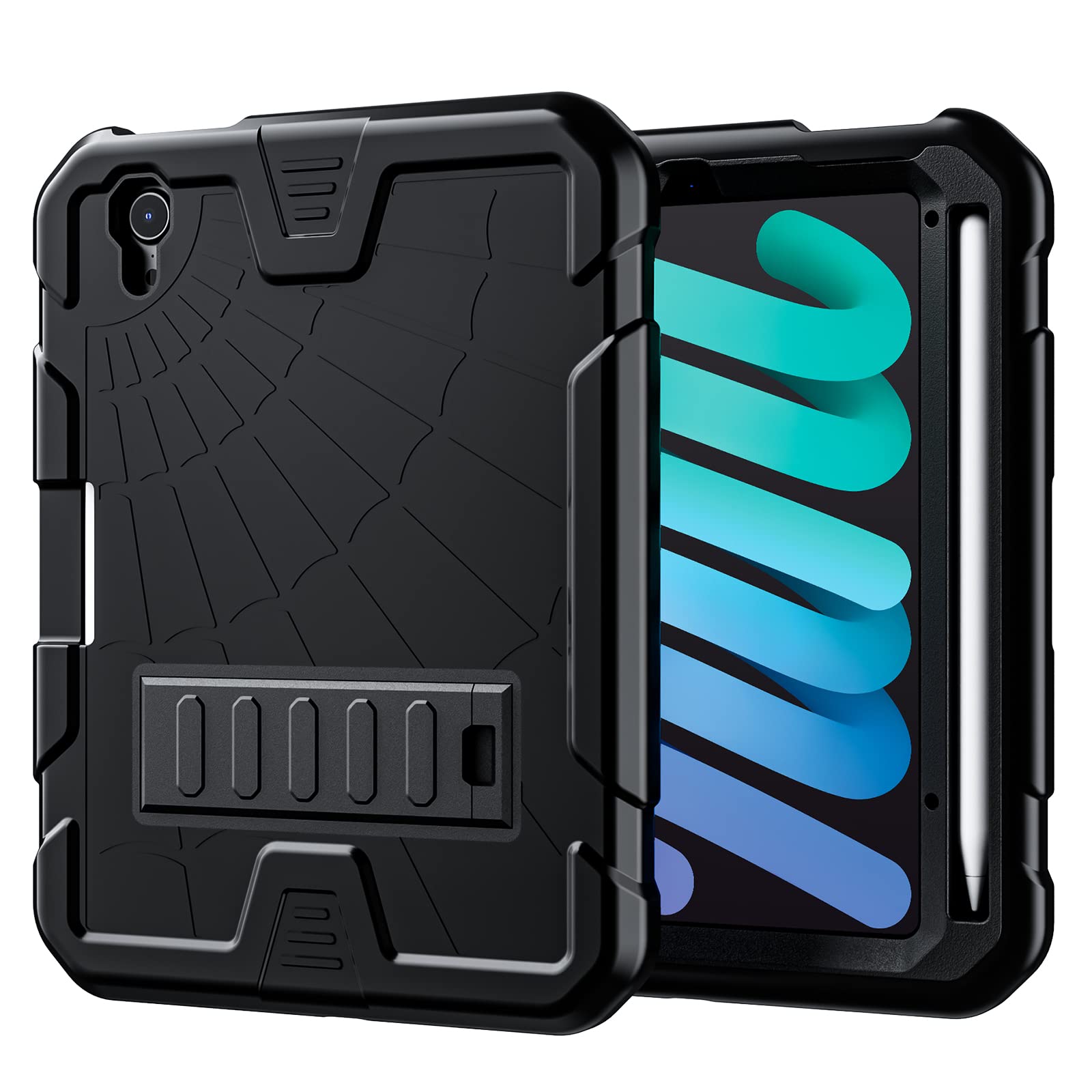 New HERIZE iPad Mini 6 Case for Kids 2021 | 8.3 inch Mini 6th Generation Case with Pencil Holder Kickstand | Heavy Duty Rugged Cover for A2567/A2568/A2569 Kids Boys Girls Black