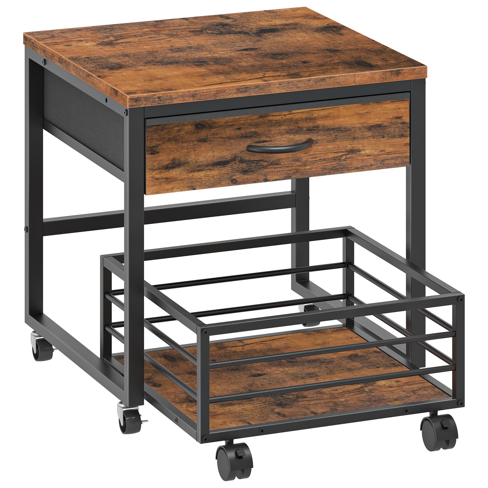 HOOBRO Mini-Kühlschrankständer mit Korb, Mini-Kühlschranktisch, mobiler Kühlschranktisch, Kühlschrank Unterschrank, Kühlschrank Untergestell für Küche, Büro, Vintagebraun und Schwarz EBF655BX01