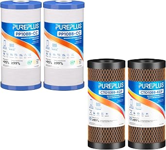 PUREPLUS 5 Micron 10" x 4.5" Whole House Sediment and Carbon Water Filter Replacement Cartridge 2PACK and 10"X4.5" 5 Microns Whole House KDF & Activated Carbon Block Water Filter 2PACK