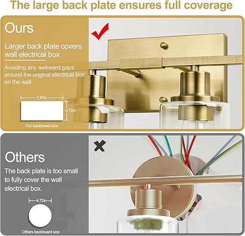 Miniatura 105 de Lámparas de baño de 3 luces, luces de tocador de latón para baño con pantallas de vidrio transparente, modernos apliques de pared de baño