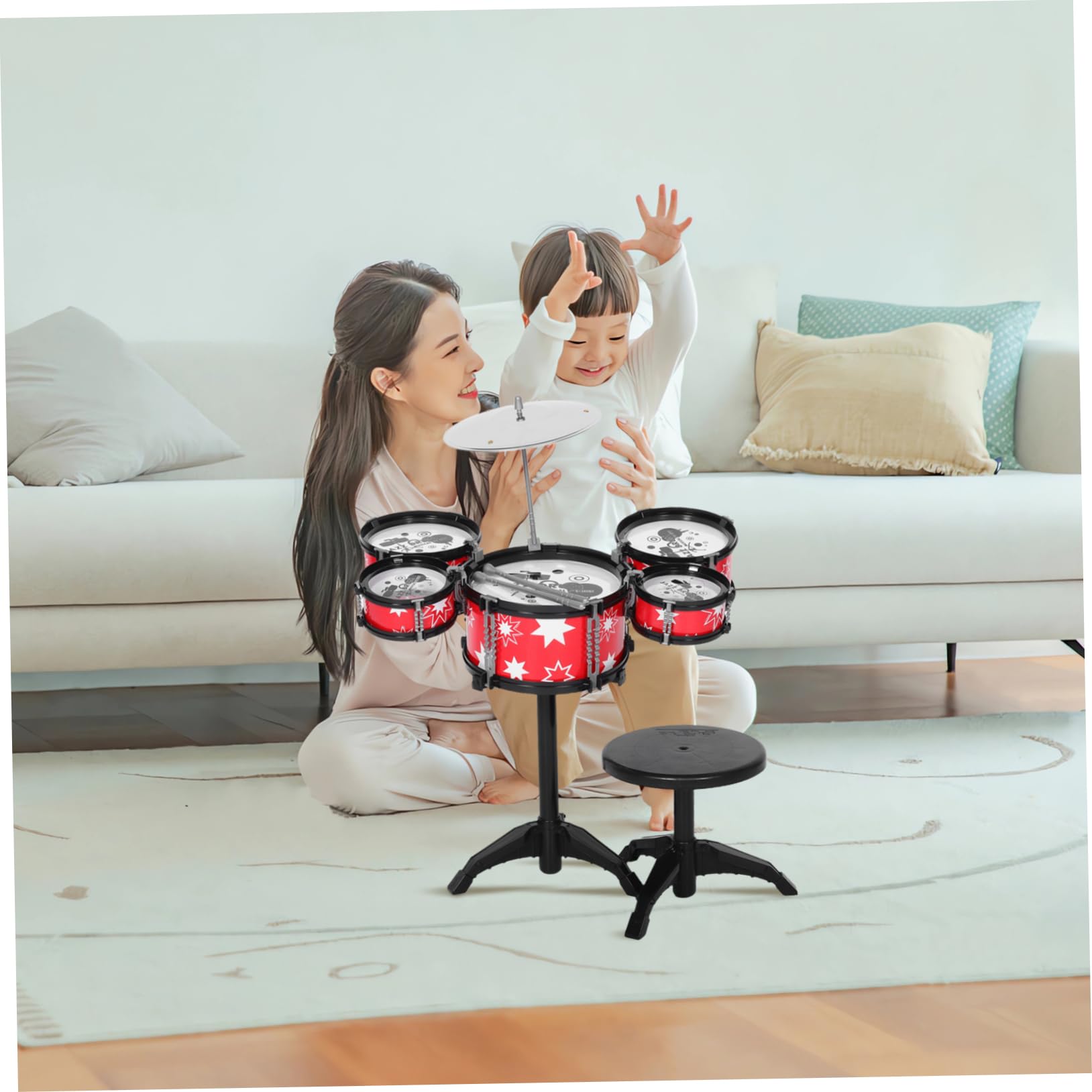 Kit Tamburo da Bambino Rosso in Plastica per Bambini | Set Mini per Principianti, Costruzione Robusta, Giocattolo Multifunzione per Ragazzi e Ragazze