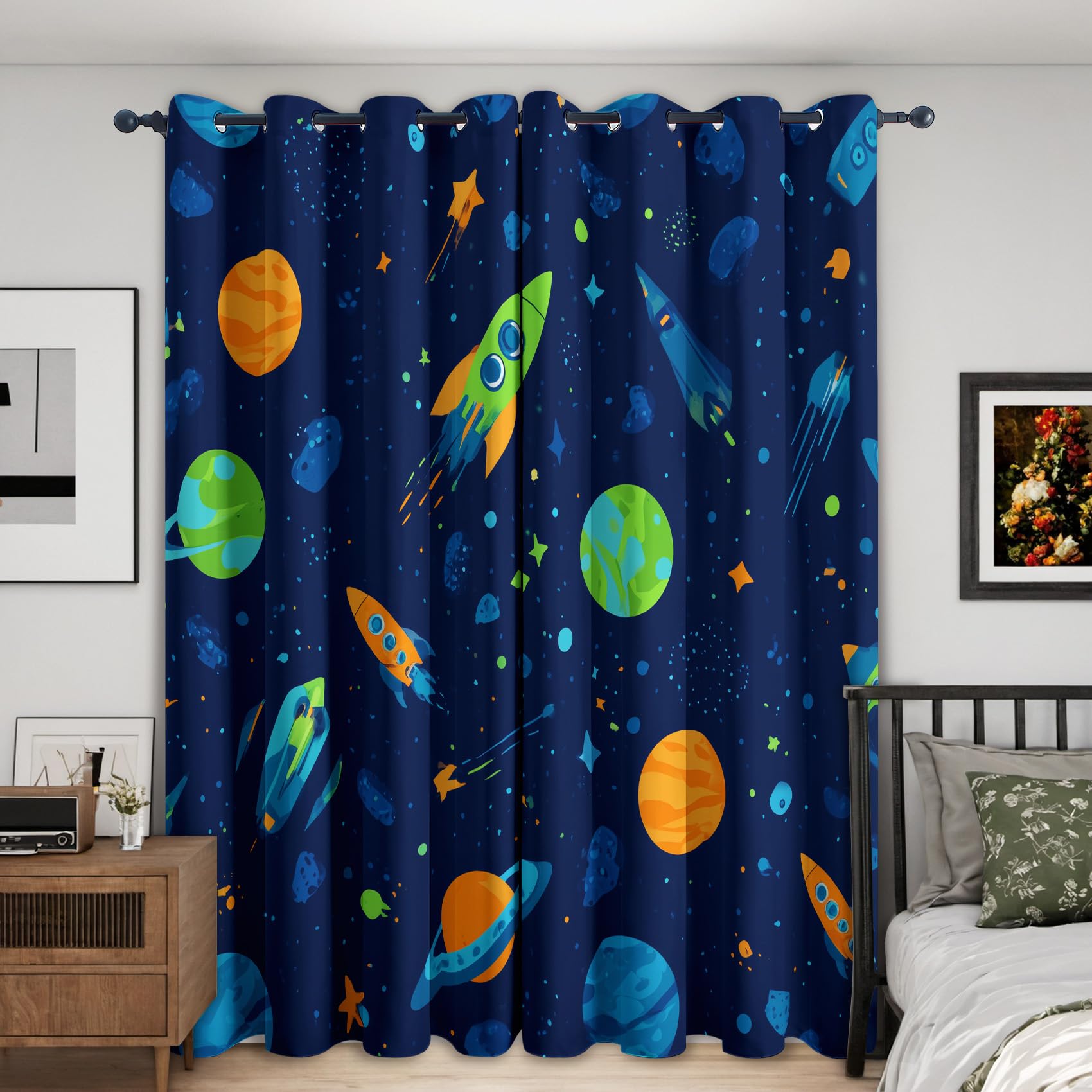 Space Rocket Blackout Curtains, 72 Drop, Kids Universe Planet Printed Curtains for Living Room, Bedroom, Eyelet Drapes for Window Home Decor, 46x72 Inch 2 Panels Rc3018