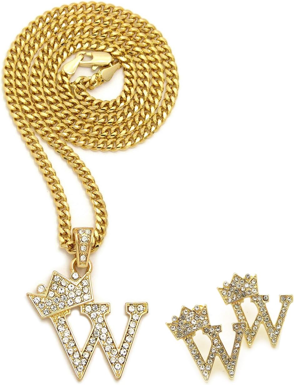 Fashion 21 Unisex Small Initial Alphabet Letter Pendant 24" Cuban Chain Necklace & Earring Set (W Set/Gold)