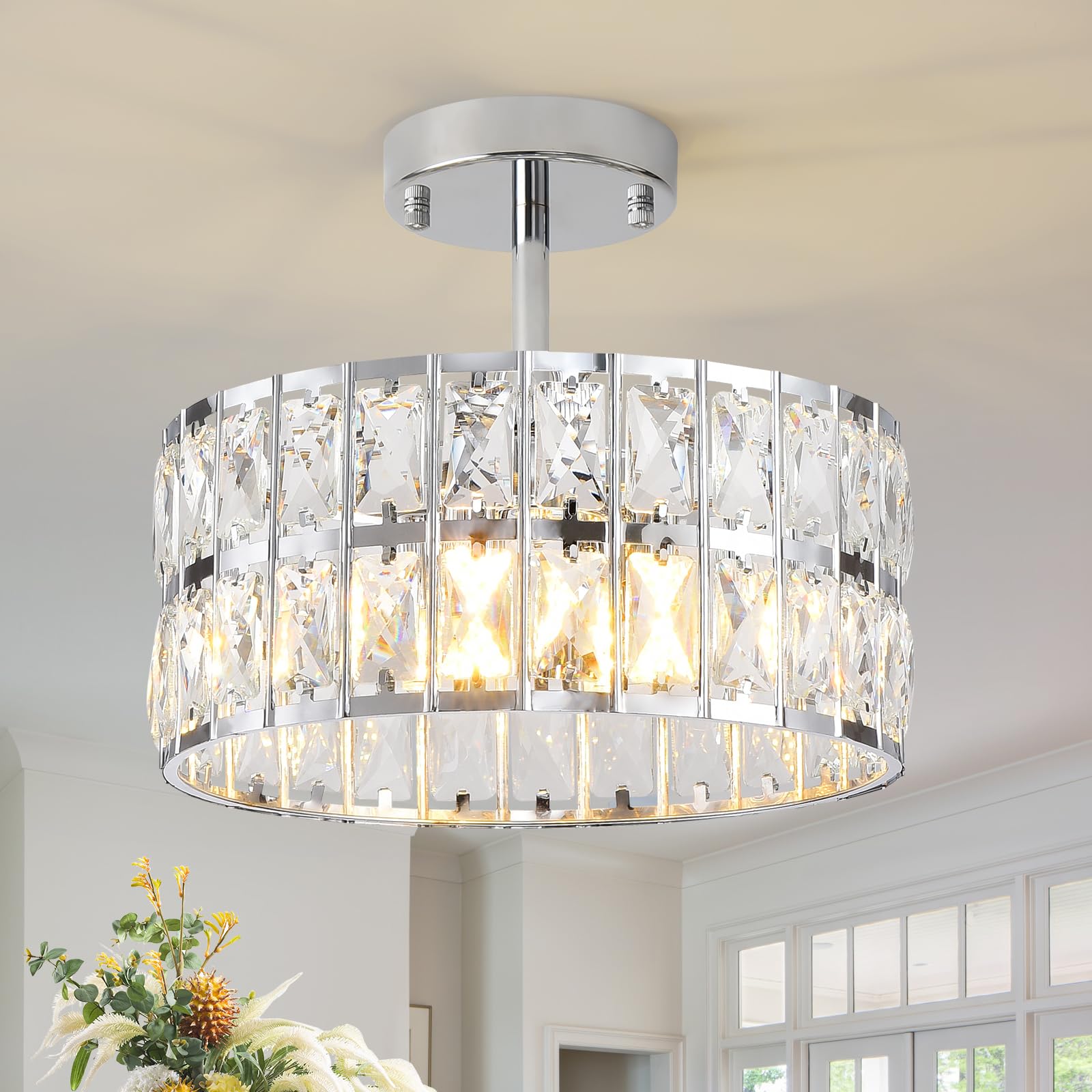 MSSIAN Chrome Crystal ChandeliersModern Semi Flush Mount Ceiling Light Small 4-Ligh Round Crystal Hanging Pendant Light Fixtures for Dining Room Entryway Kitchen Hallway D30CM — image 1