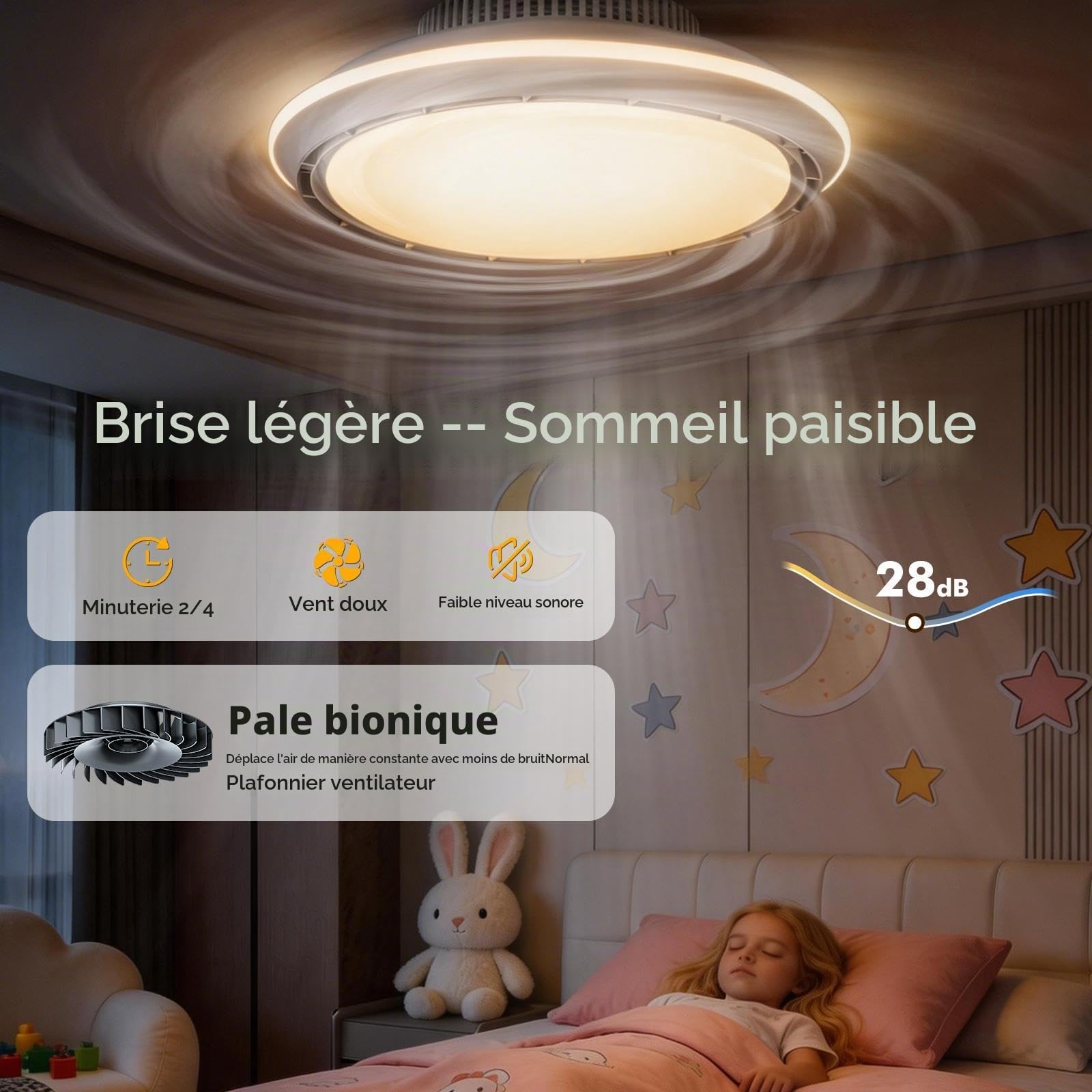 Ventilateur de plafond LED sans pales avec éclairage lampe Ø43,5 cm 100W | Ventilateurs télécommande minuterie | Plafonnier à intensité variable à 6 vitesses pour chambre à coucher et salon