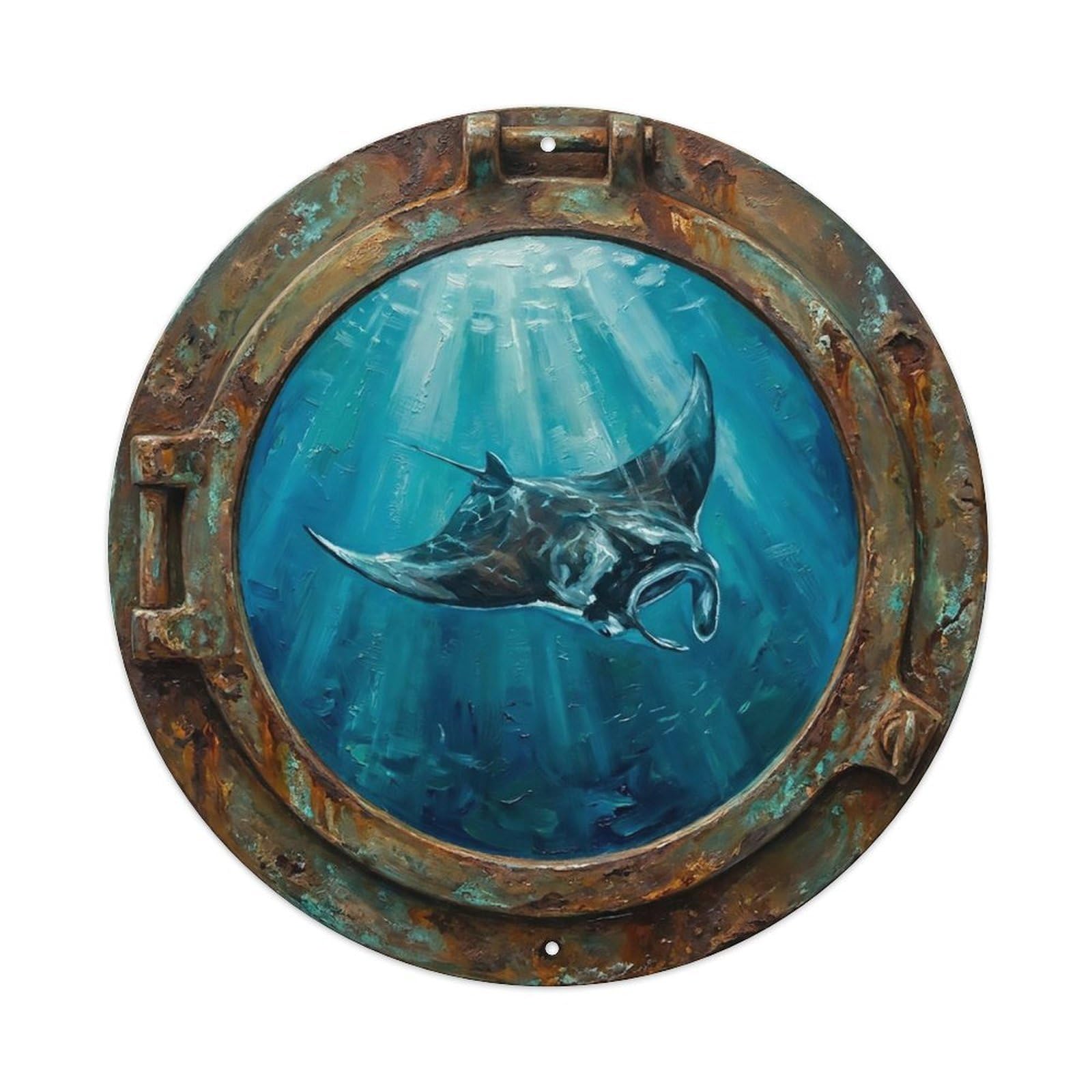 Vintage Porthole Manta Ray Graceful Ship Window Undersea Deep Sea Metal Tin Sign