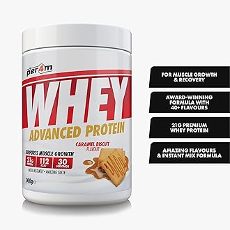 Per4m Whey Protein Powder | High Protein Shake for Muscle Growth & Recovery | Low Sugar Gym Supplement | Sports Nutrition Drink + Amino Acids (900g, Caramel Biscuit)